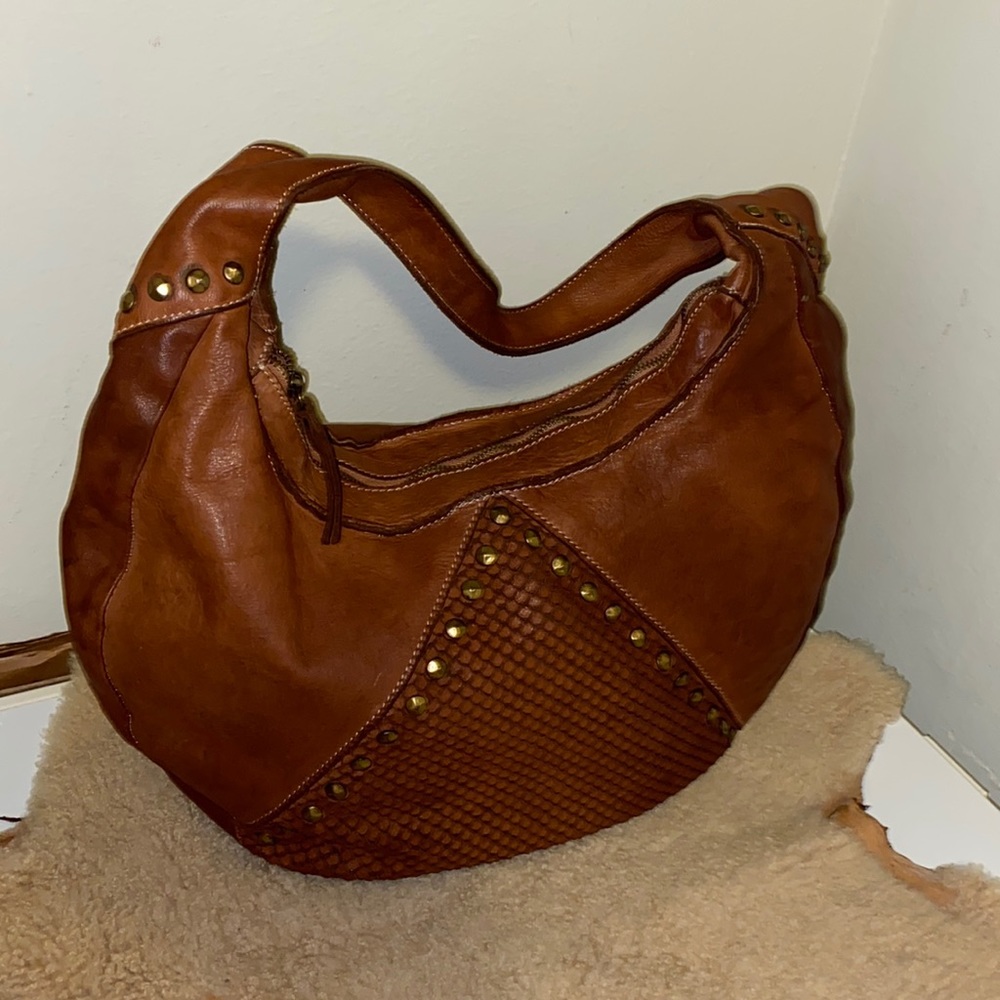 Fiori Di Firenze Bag Womens Brown Leather Hobo Shoulder Studded Zip